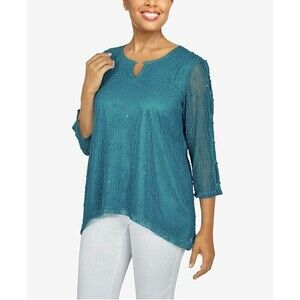 Alfred Dunner Women’s Popcorn Knit Top Sz S Aqua High Low Blouse 3/4 Sleeve New